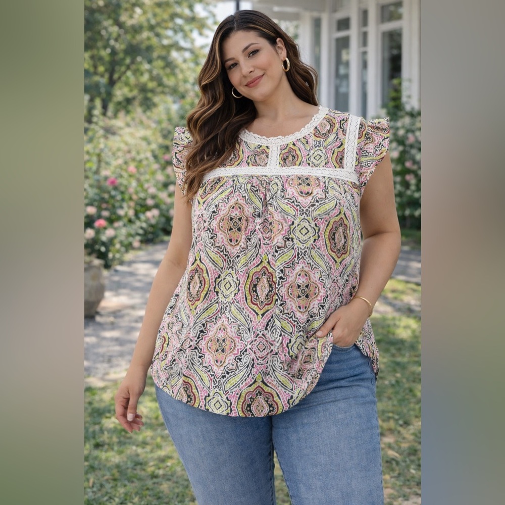 Lane Bryant Printed Boho Blouse Lace Trim Flutter Sleeve Top Size 14 Cottagecore